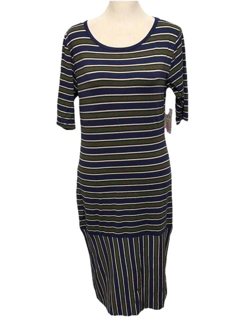 New LuLaRoe Pink & Blue Striped Bodycon Julia Half Sleeve Dress Size M (8-10)
